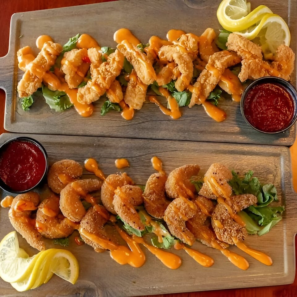 Two wooden boards with fried shrimp, orange sauce, lettuce, lemon slices, and red dipping sauce.