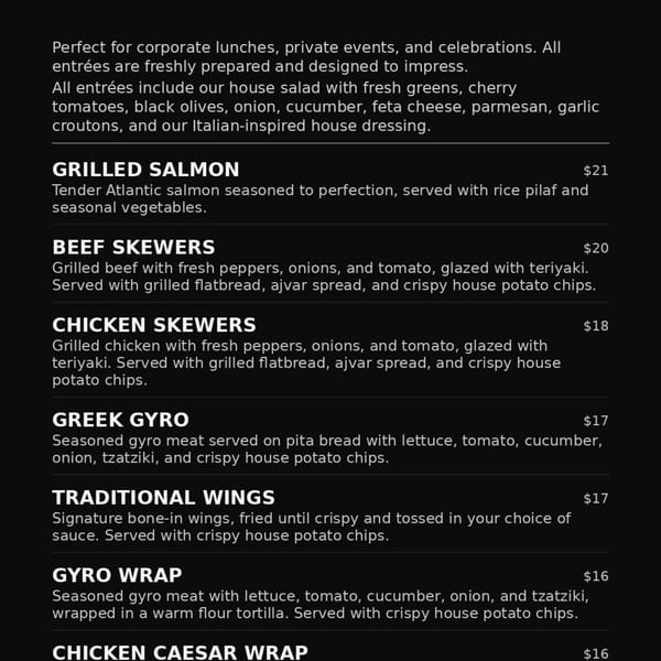 A digital menu from Tito's Lounge, displaying various bar-and-grill entrees and their prices.